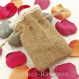 Hessian Burlap Drawstring Bag with Lace Trim