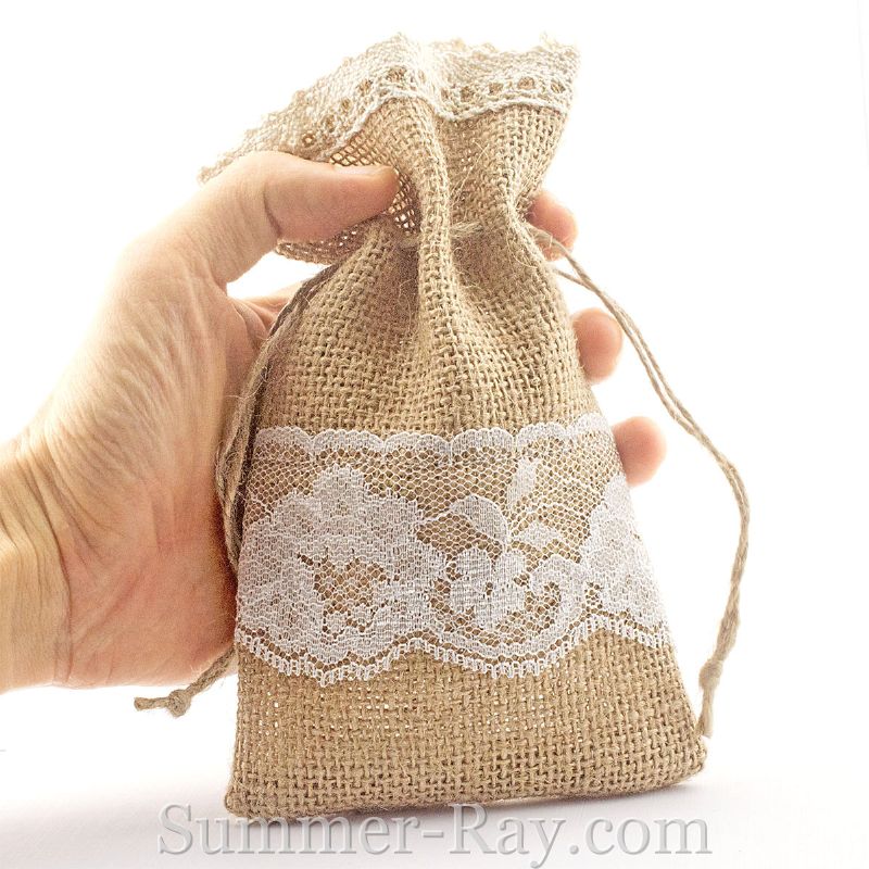 Hessian Burlap Drawstring Bag with Double Lace Border –