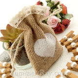 Hessian Burlap Drawstring Bag with Heart and Lace Trim