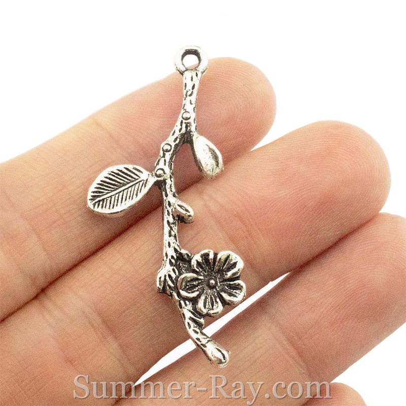 Flower with Stem and Leaves Charm Sterling Silver - Made in the USA