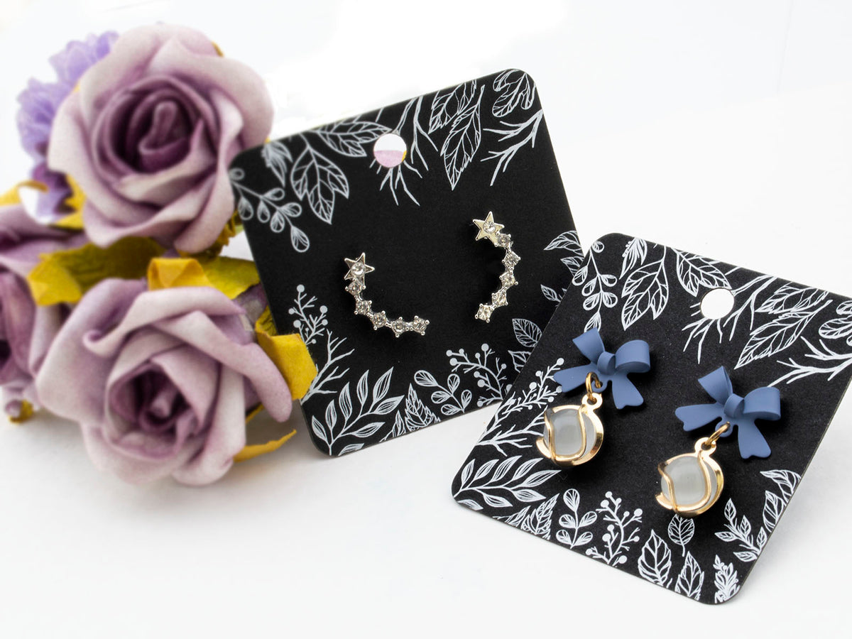 Custom Earring Cards Customized Jewelry Display Cards Flowers Black 00099 