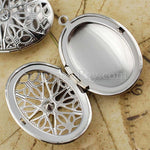Oval Photo Lockets with Rhinestones - White Gold Plated
