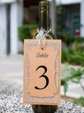 Handmade Table Number Kraft-Burlap-Kraft Triple Layer Wine Bottle Table Number Hang Tags for Rustic Weddings