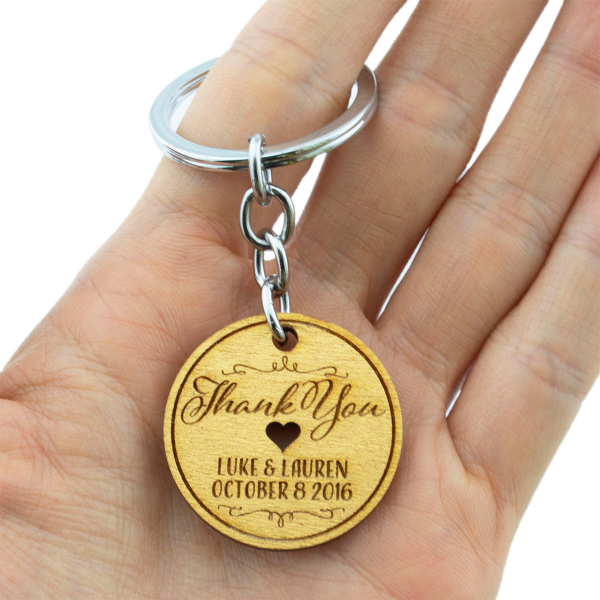 Personalized Engraved White Wooden Wedding Favor Key Chain Round / 50 Pieces