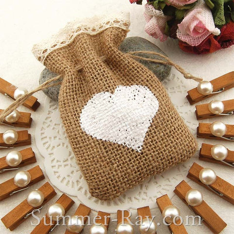 Hessian Burlap Drawstring Bag with Heart and Lace Trim
