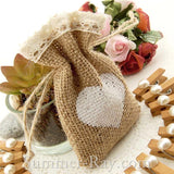 Hessian Burlap Drawstring Bag with Heart and Lace Trim
