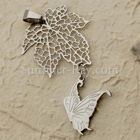 Stainless Steel Butterfly & Leaf Pendant - (1) one