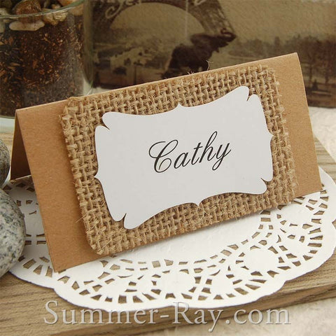 Personalized Kraft & Burlap Place Cards for Rustic Hessian/Country Chic Wedding