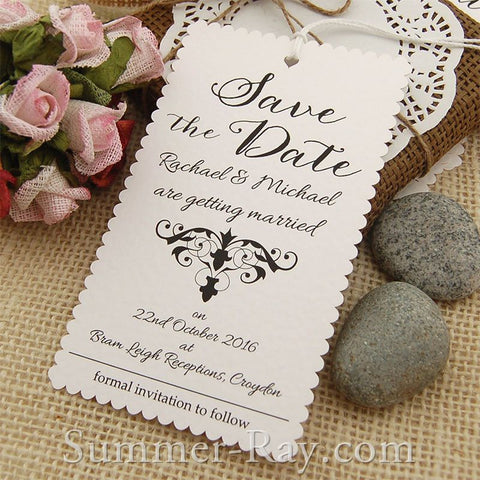 Personalized Damask Scallop White Save the Date Tags with Envelopes