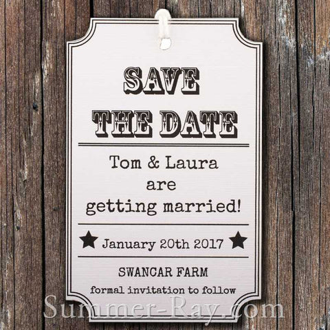 Personalized Woodsy Cottage White Save the Date Tag with Envelope
