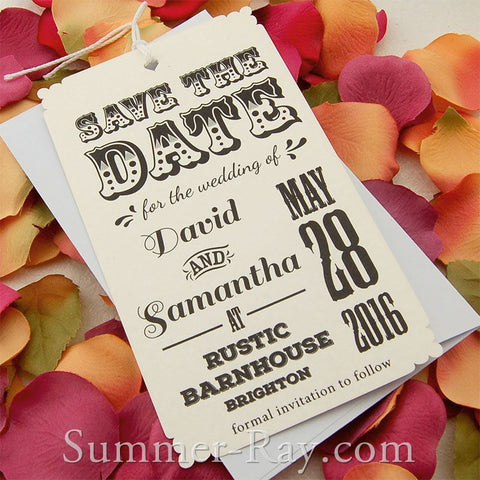 Personalized Retro Design Off White Save the Date Tags with Envelopes