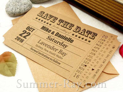 Personalized Vintage Ticket Kraft Save the Date Card with Envelope