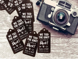 Personalized White Ink Printing We Tied The Knot so Take a Shot Wedding Favor Gift Tags in Black