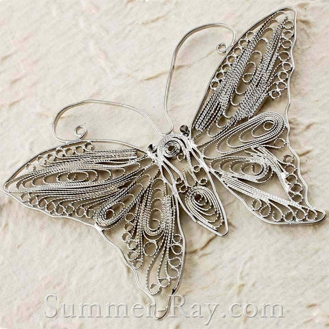 White Gold Plated Large Butterfly Filigree Pendant