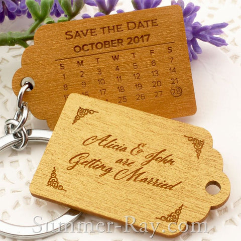 Personalized Engraved Gold Wooden Save the Date Key Chain