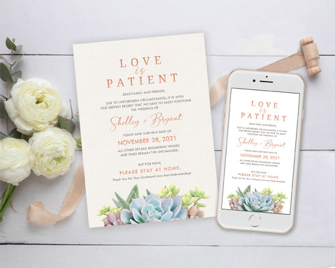 [Digital File] Love is Patient Wedding and Event Postponement Announcement, Save Our New Date Card.