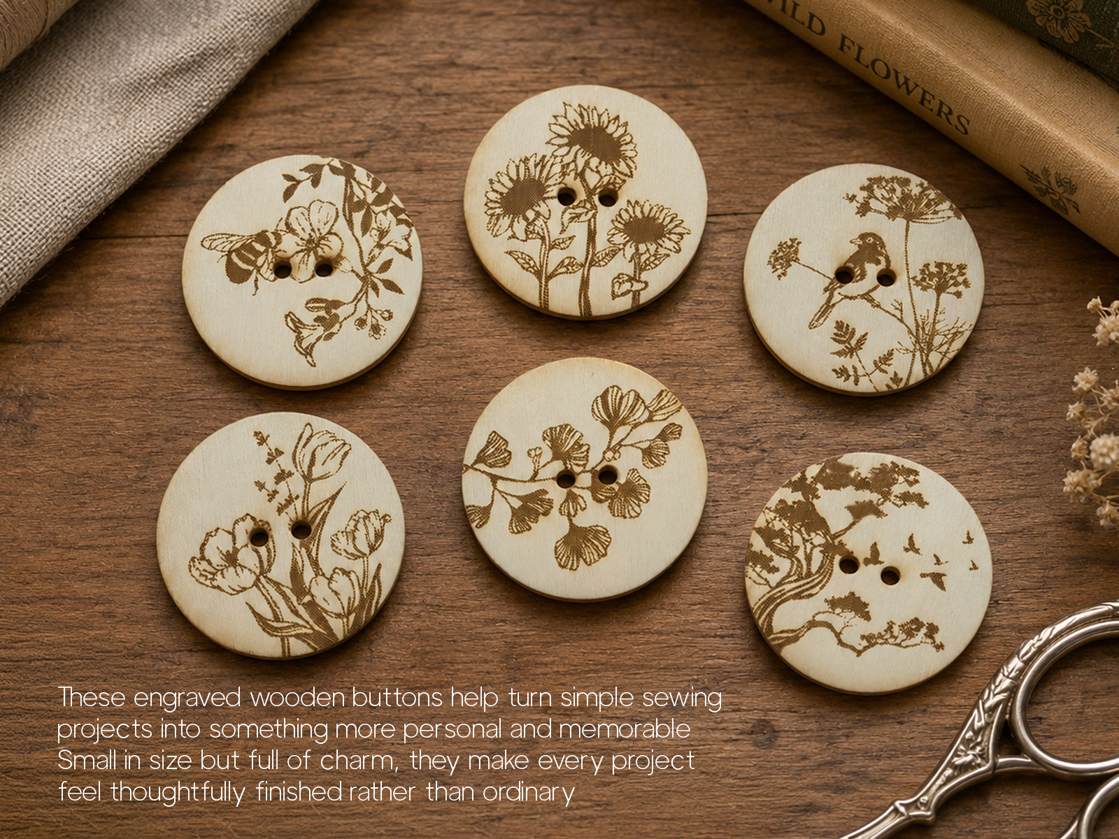35mm Botanical Theme Wooden Buttons
